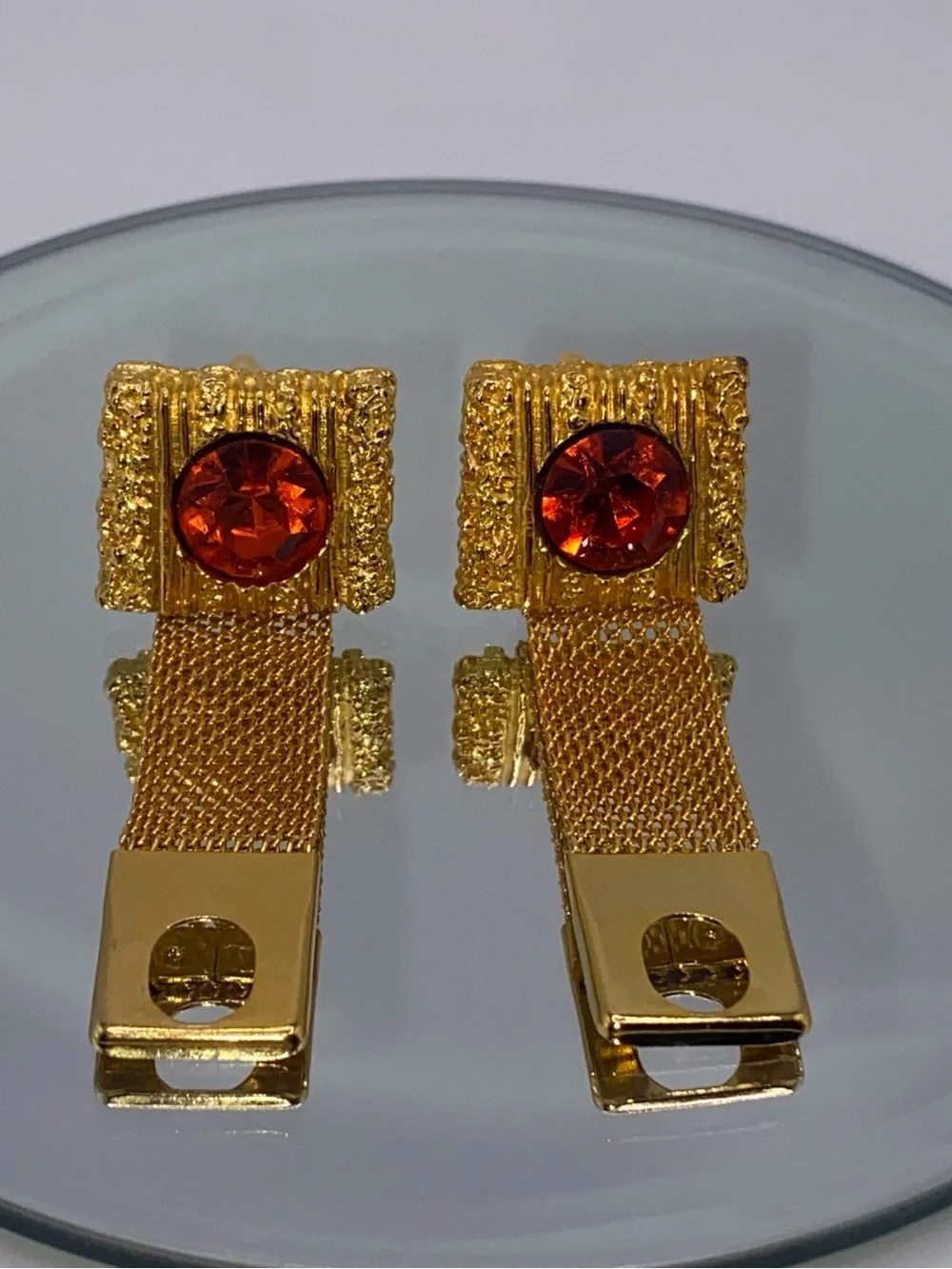 Mid Century Embassy Bright Orange Large Rhinestone Gold Tone Men’s VTG Cufflinks